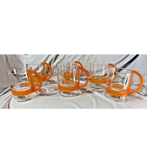 Set of 6 Vintage Tea Expresso Glasses Retro Arcoroc Orange Plastic Handle